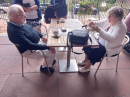 Eva and Richard having a drink outside of the Cathedral
